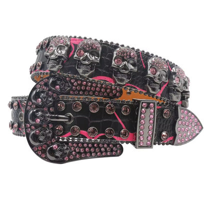 Skull Buckle Black Strap With Pink Crystal Studded Rhinestone Belt