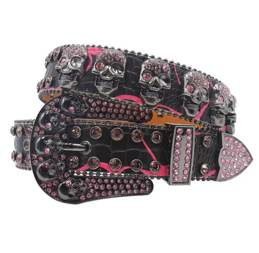 Skull Buckle Black Strap With Pink Crystal Studded Rhinestone Belt