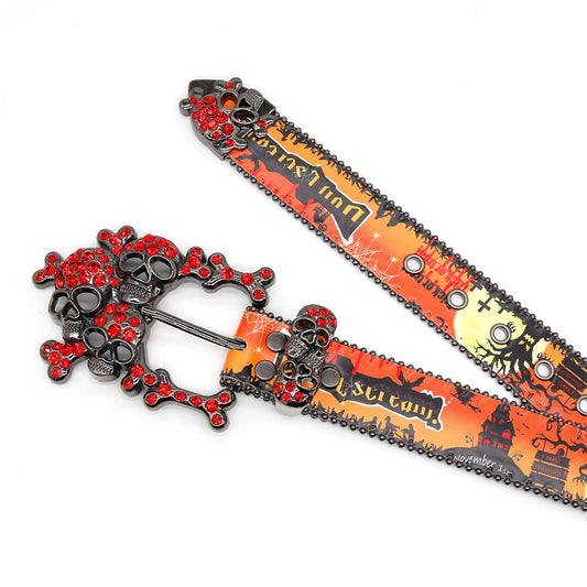Skull Buckle Halloween Special Strap With Red Studded Rhinestone Belt
