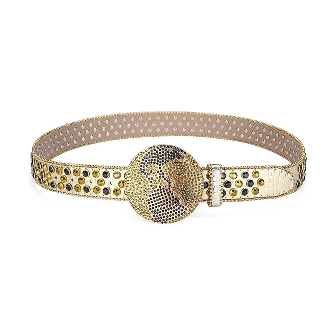 Globe Buckle With Gold & Black Studded Rhinestone Belt
