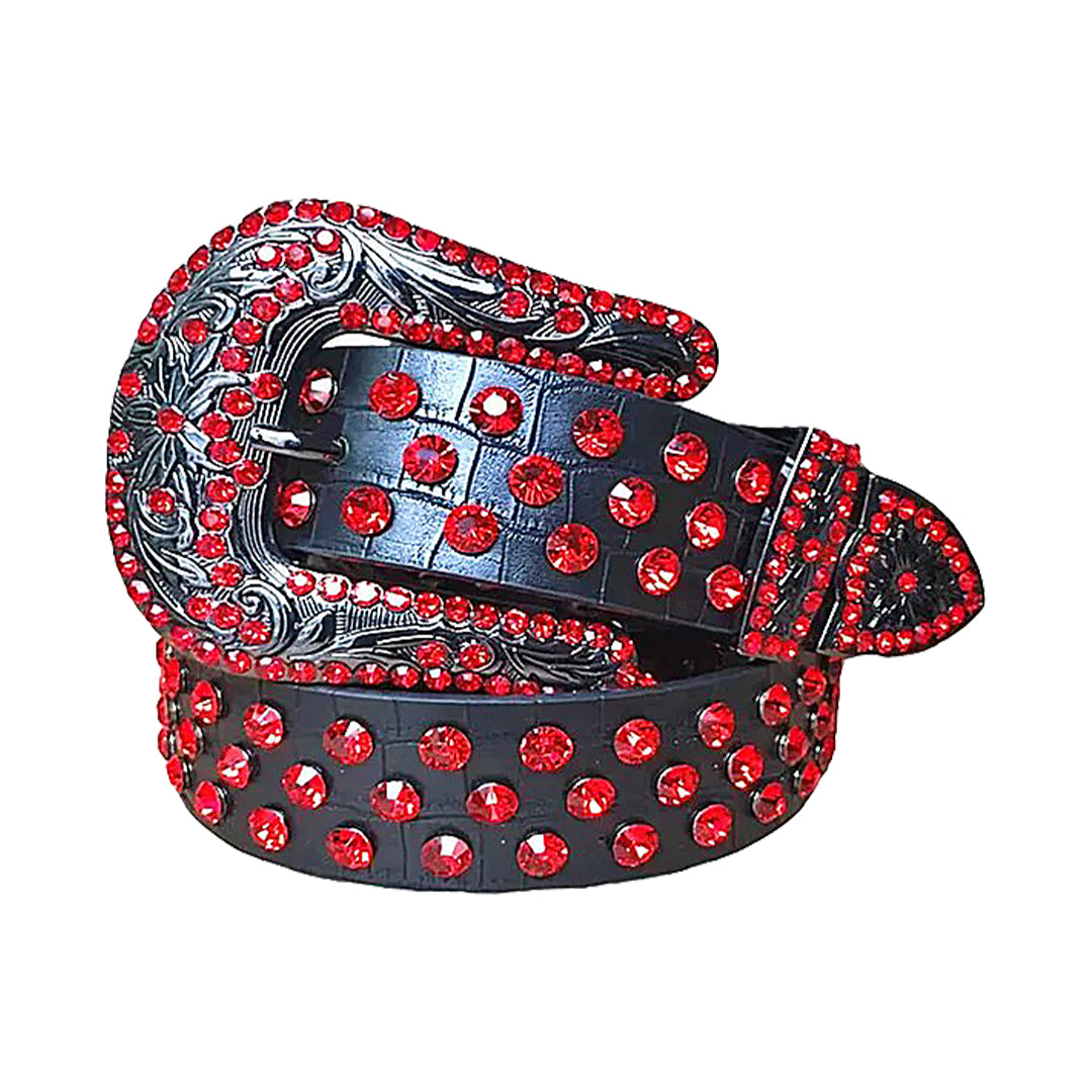 Red Rhinestone Belt With Black Textured Strap