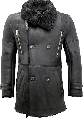 Men's Double-Breasted Black Reefer Coat in Genuine Leather