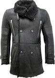 Men's Double-Breasted Black Reefer Coat in Genuine Leather