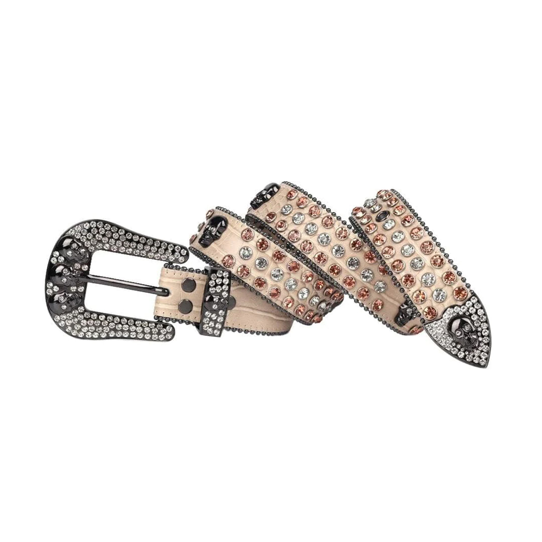 Skull Buckle Beige Strap With Brown & Crystal Studded Rhinestone Belt