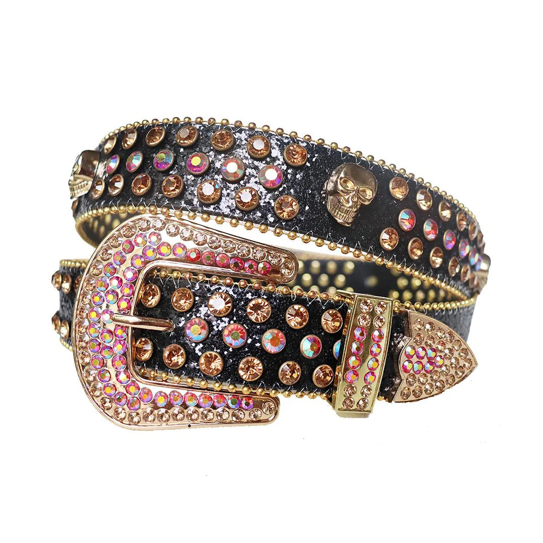 Pink and Gold Rhinestone Belt With Skull Studs and Black Strap