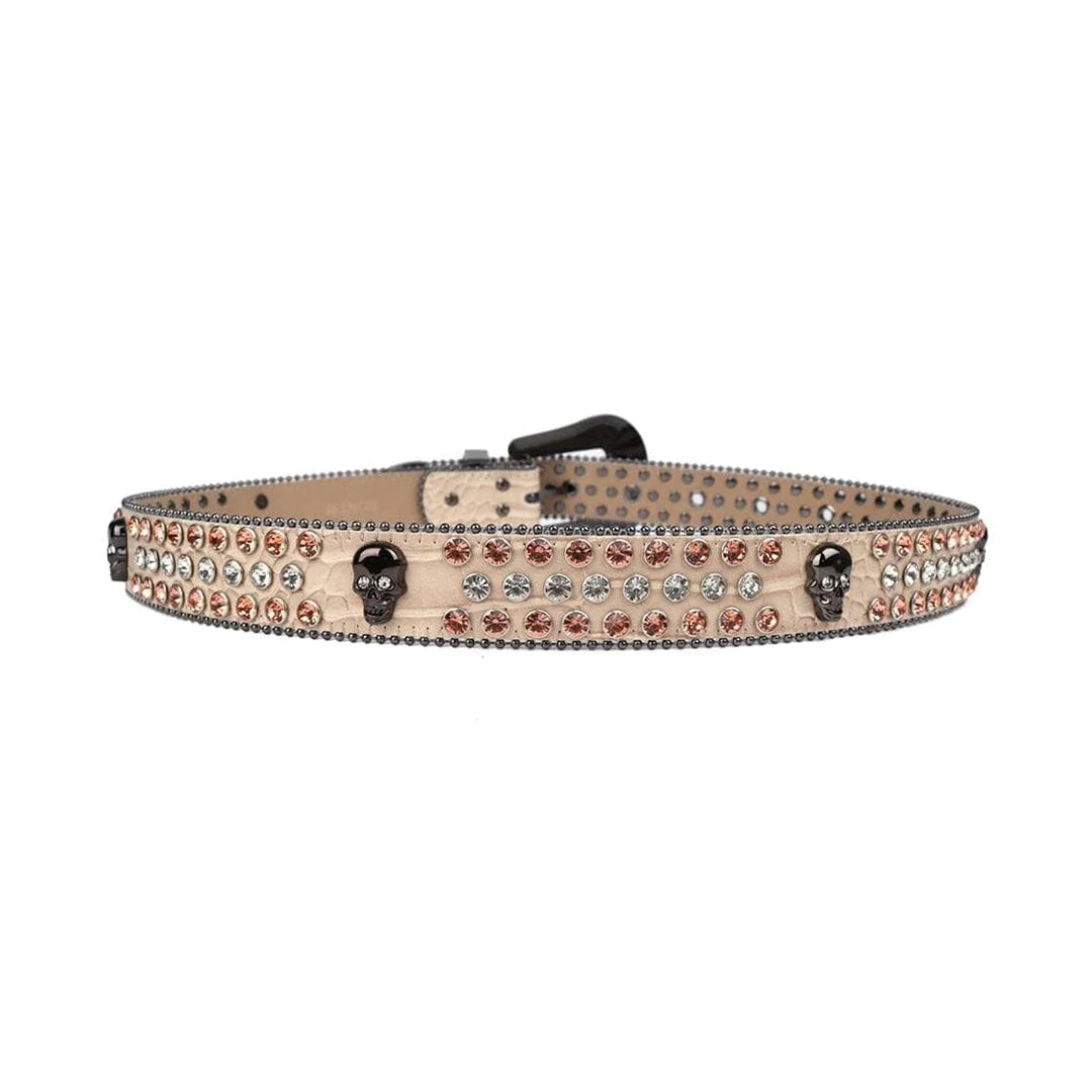 Skull Buckle Beige Strap With Brown & Crystal Studded Rhinestone Belt
