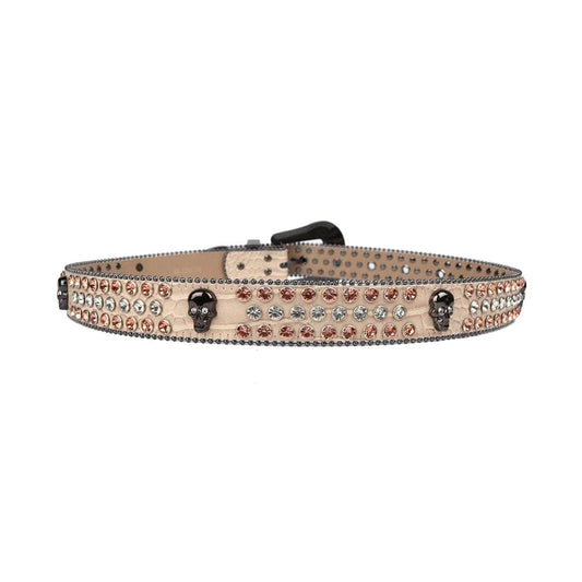 Skull Buckle Beige Strap With Brown & Crystal Studded Rhinestone Belt