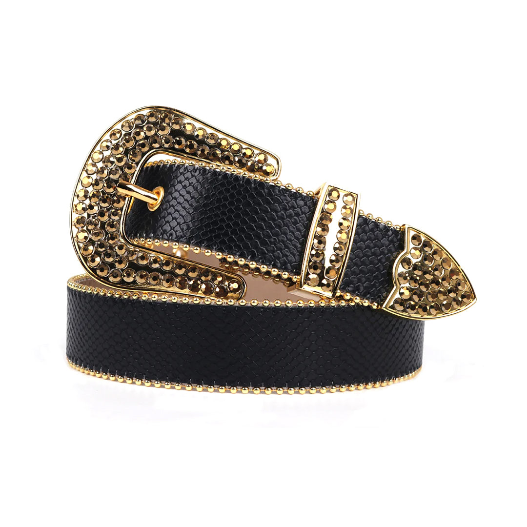 Black Strap With Gold Studded Rhinestone Belt