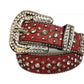 Diamond Rhinestone And Silver Studs Belt With Red Texture Strap