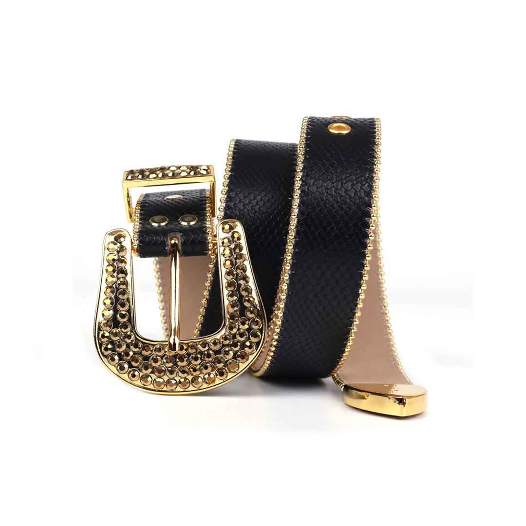 Black Strap With Gold Studded Rhinestone Belt
