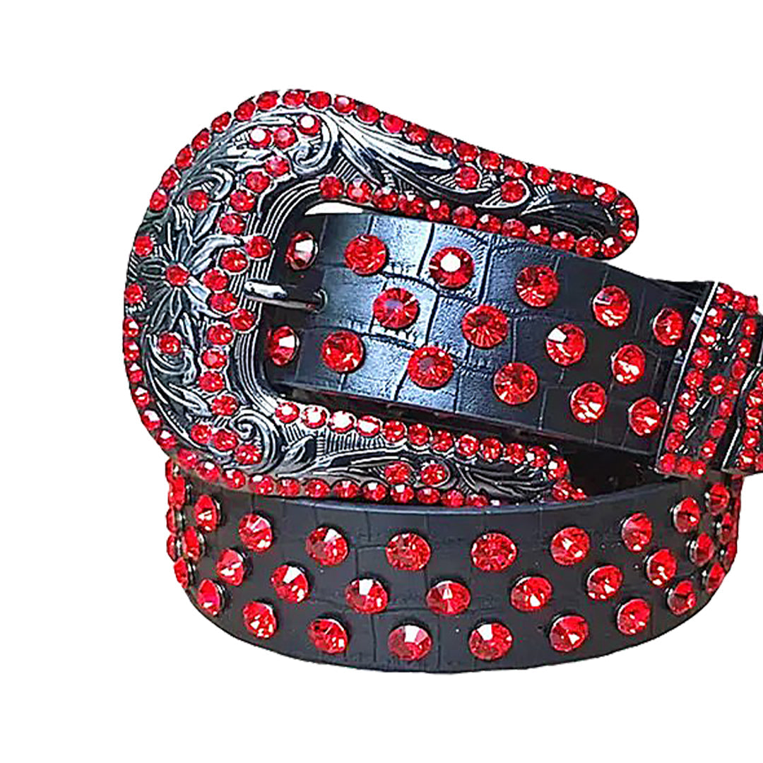 Red Rhinestone Belt With Black Textured Strap