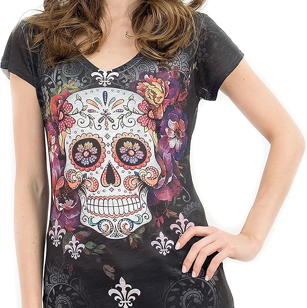 Floral Skull Printed Rhinestone Shirt