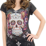 Floral Skull Printed Rhinestone Shirt