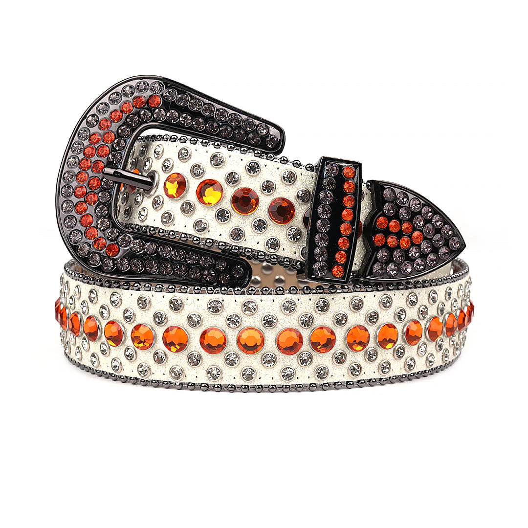 White Strap With Orange & Crystal Studded Rhinestone Belt