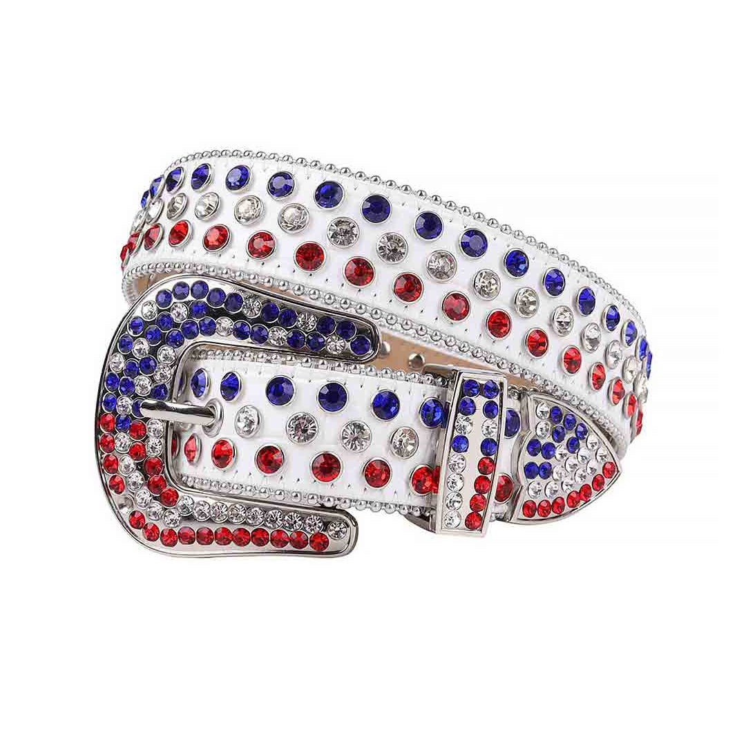 White Strap With Red & Blue Studded Rhinestone Belt