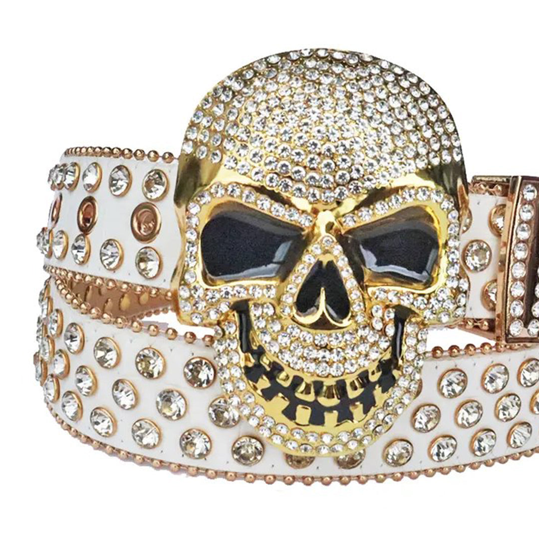 Diamond Rhinestone Belt With White Strap and Skull Buckles