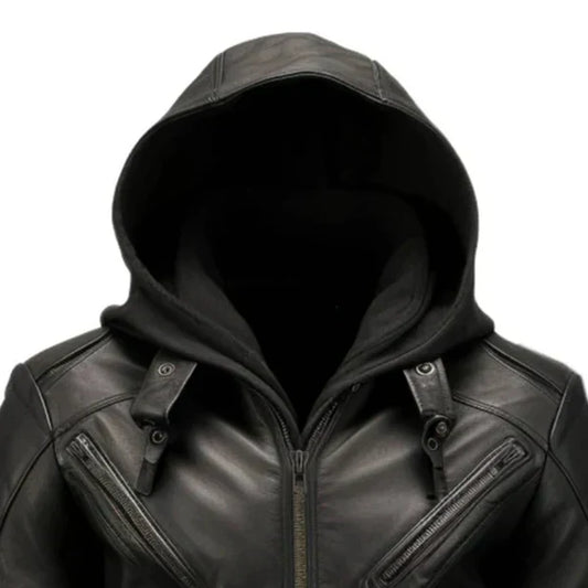 Men's Hooded Black Biker Leather Jacket-Men's Biker Jackets-Premium Leather Store