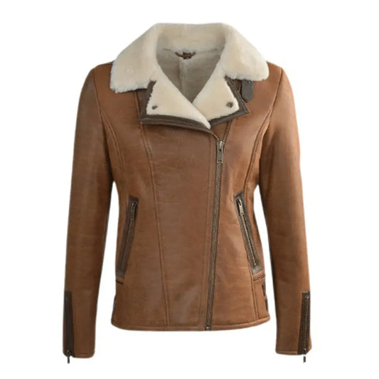 Women's Jane Aviator Faux Shearling Sheepskin Bomber Jacket-Women Shearling Jacket-Premium Leather Store