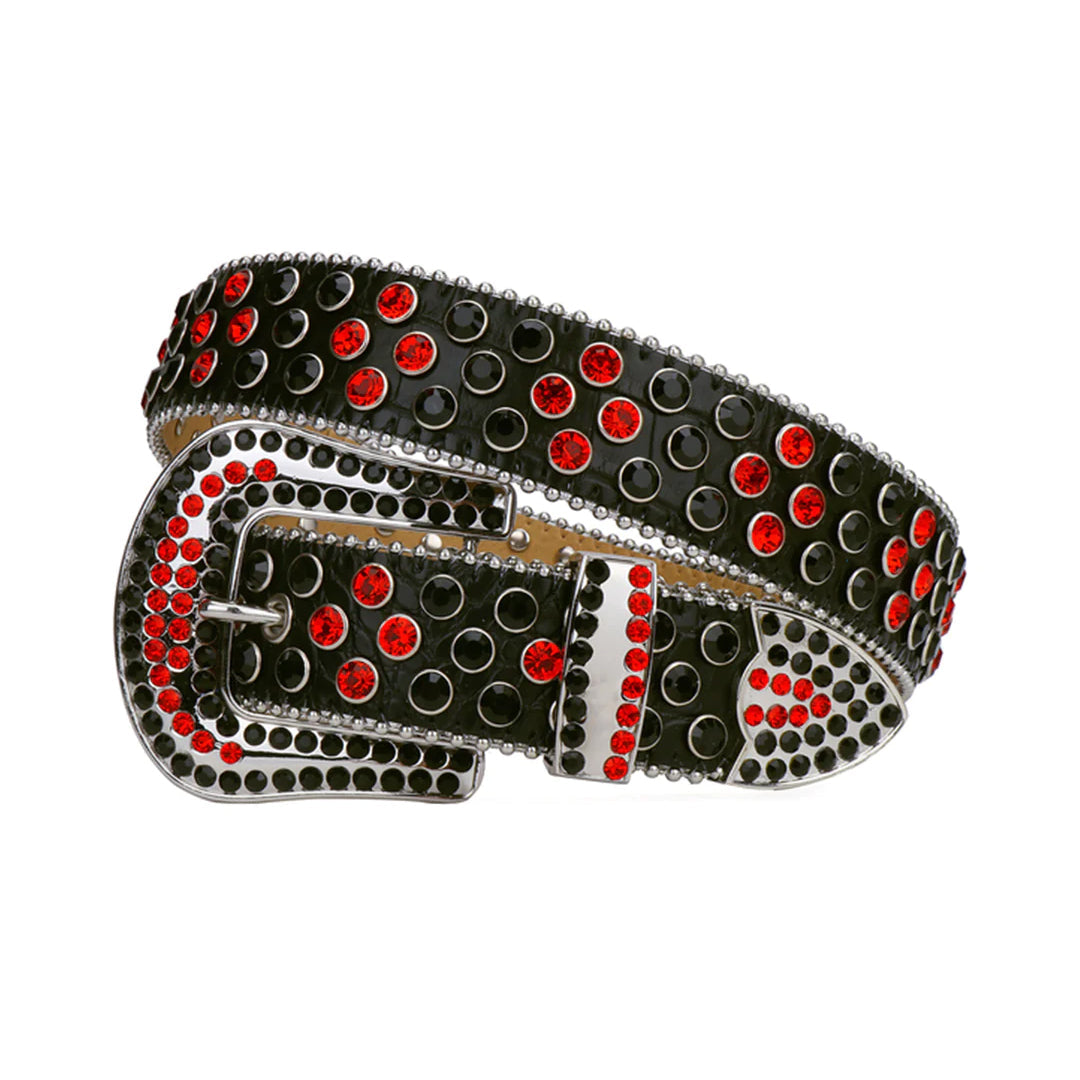 Black Strap With Red & Black Studded Rhinestone Belt