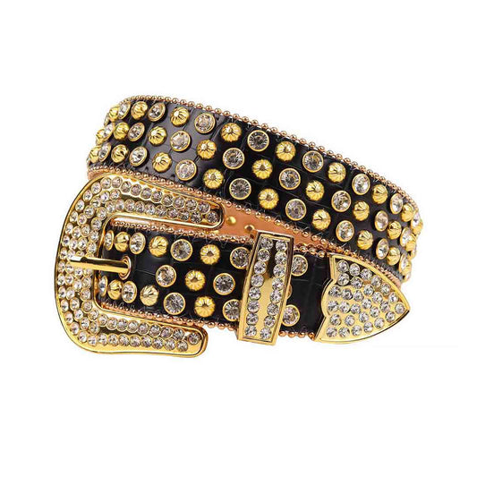 Black Strap With Gold & Crystal Studded Rhinestone Belt