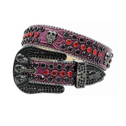 Skull Buckle Purple Strap With Black & Red Studded Rhinestone Belt