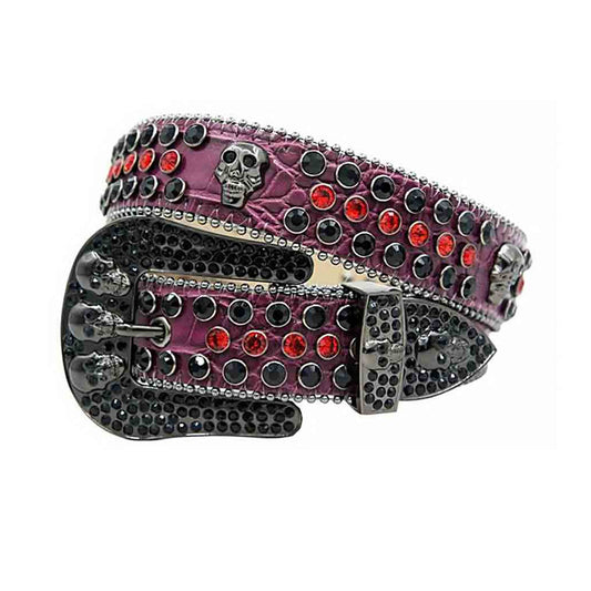 Skull Buckle Purple Strap With Black & Red Studded Rhinestone Belt