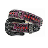 Skull Buckle Purple Strap With Black & Red Studded Rhinestone Belt