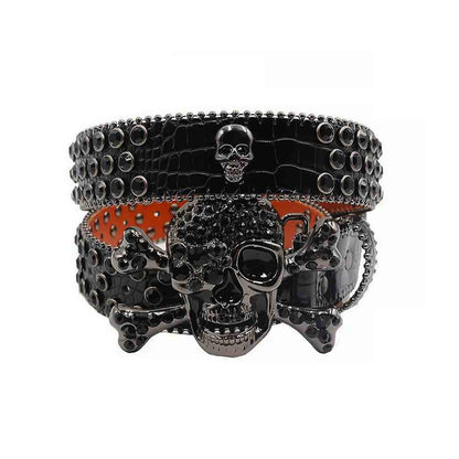 Metal Skull Buckle Black Strap With Black Studded Rhinestone Belt