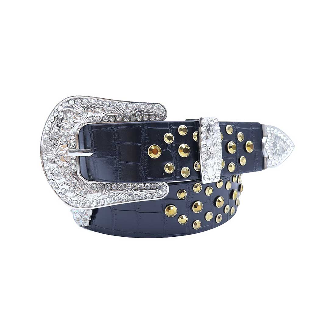 Engraved Buckle Black Strap With Gold Studded Rhinestone Belt