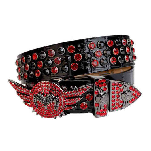 Black & Red Angel Wings Buckle Rhinestone Belt with Black Strap