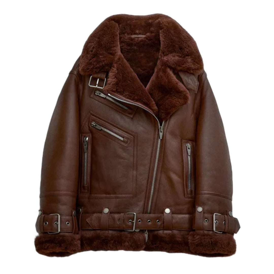 Women's Notch Faux Shearling Moto Leather Jacket-Women Shearling Jacket-Premium Leather Store