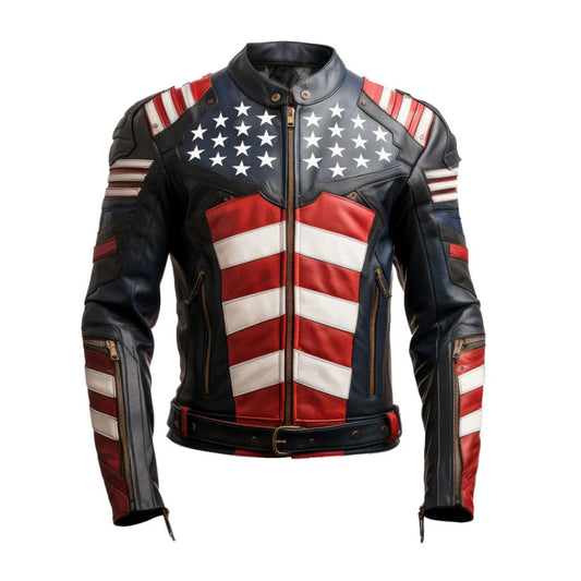 Men's American Flag Zipper Leather Jacket-Men's Biker Jackets-Premium Leather Store