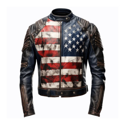 Men's USA Flag Casual Motorcycle Leather Jacket-Men's Biker Jackets-Premium Leather Store