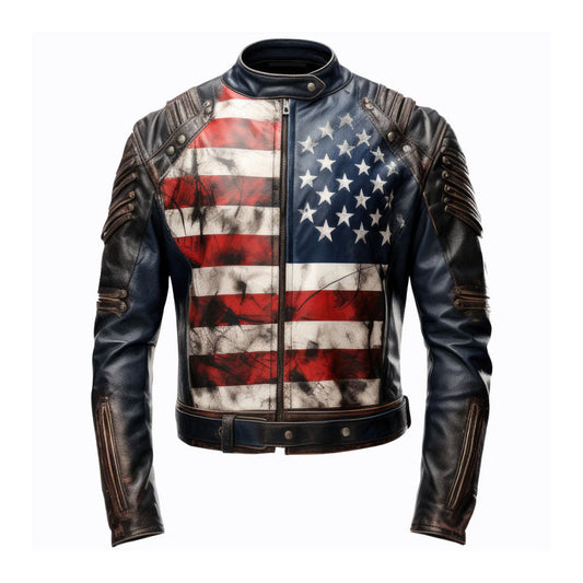 Men's USA Flag Casual Motorcycle Leather Jacket-Men's Biker Jackets-Premium Leather Store
