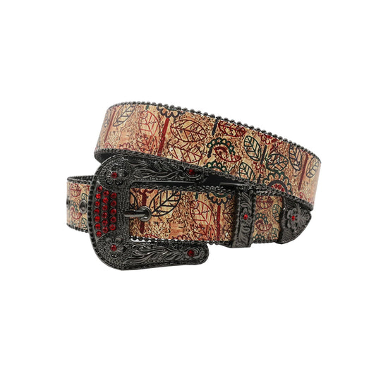 Black Buckle Leave Strap With Red Studded Rhinestone Belt