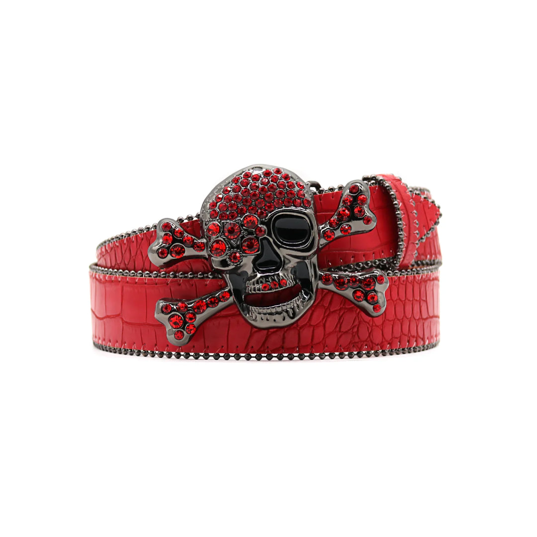 Skull Buckle With Red Fiery Sparkling Studded Bling Rhinestone Belt