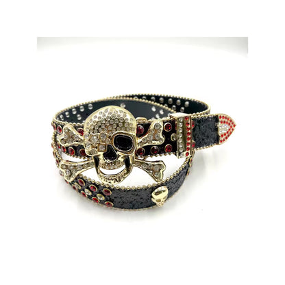 Skull Buckle With Black Strap With Red & Crystal Studded Rhinestone Belt
