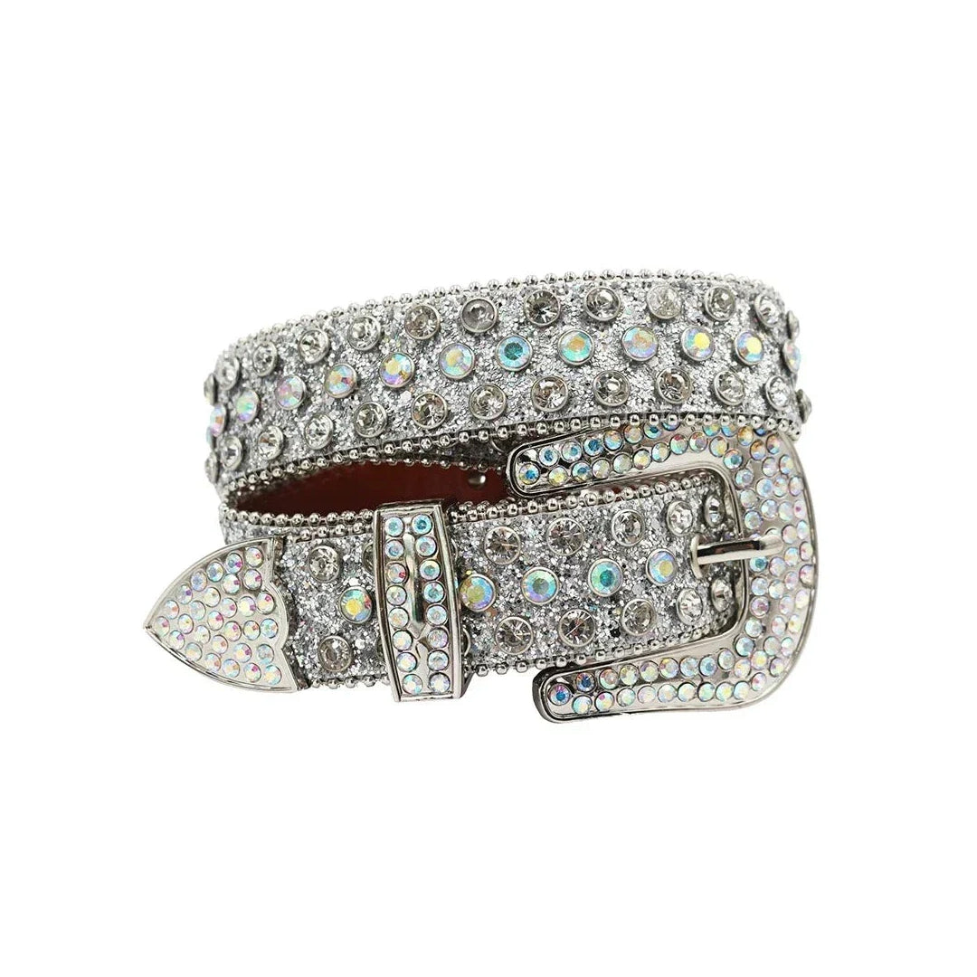 Engraved Buckle Silver Western With Crystal Studs Rhinestone Belt