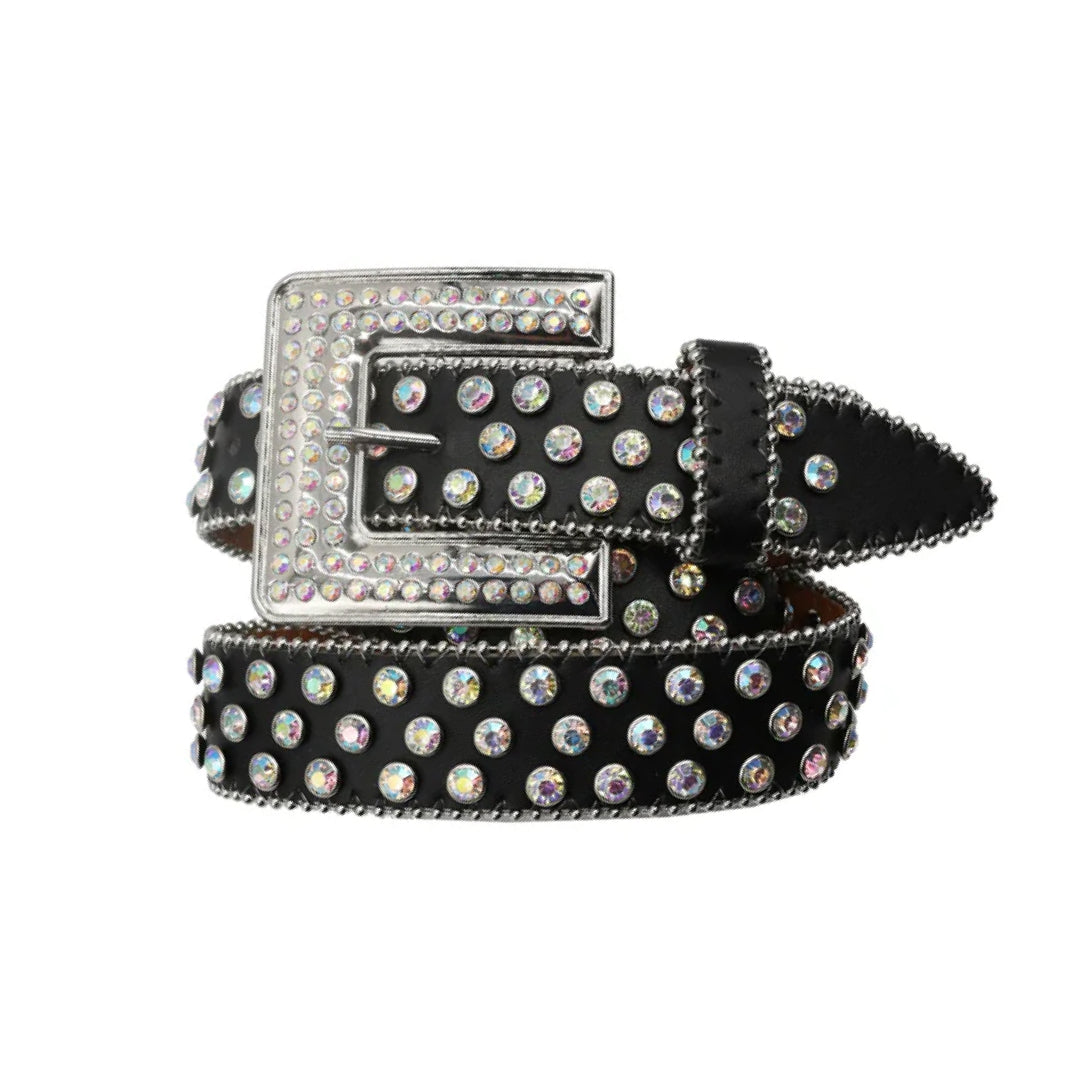 Engraved Buckle Black Strap With Silver Crystals Rhinestone Belt