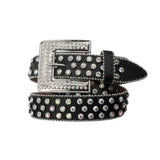 Engraved Buckle Black Strap With Silver Crystals Rhinestone Belt