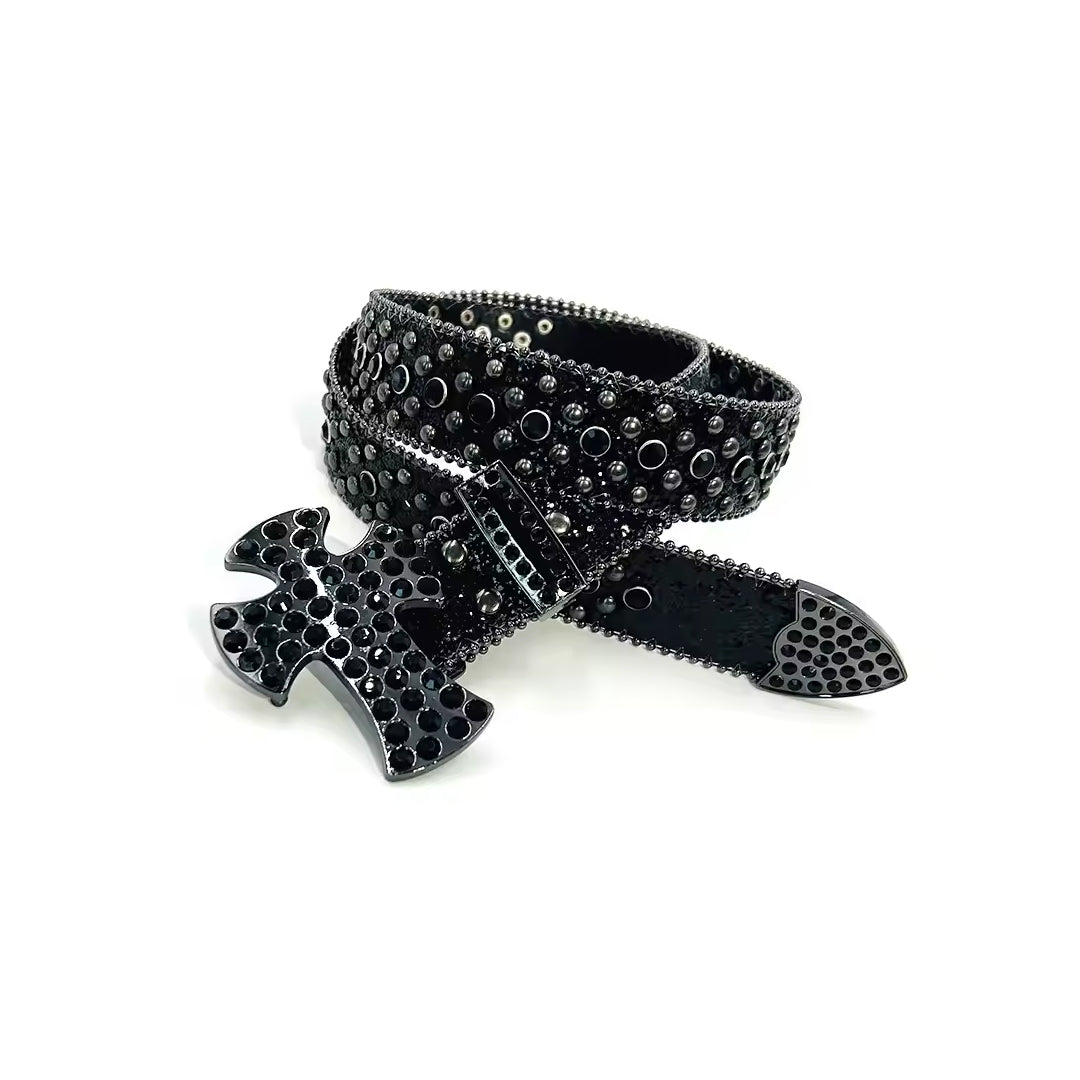 Cross Buckle Black Strap WIth Black Crystal Studded Rhinestone Belt