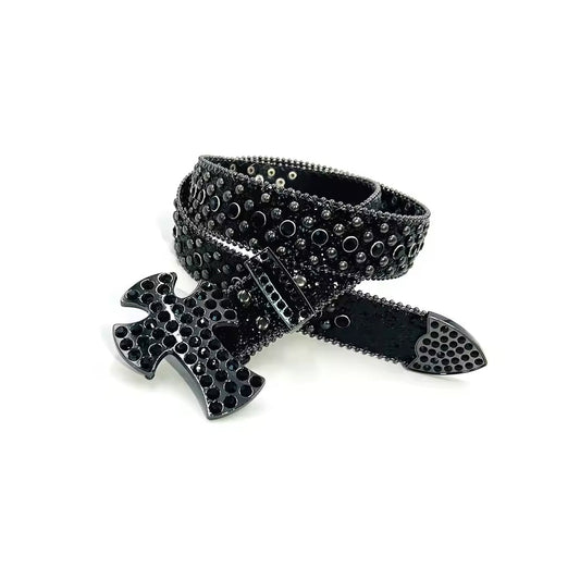Cross Buckle Black Strap WIth Black Crystal Studded Rhinestone Belt