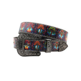 Wide Buckle Colorfull Tress With Black Studded Rhinestone Belt