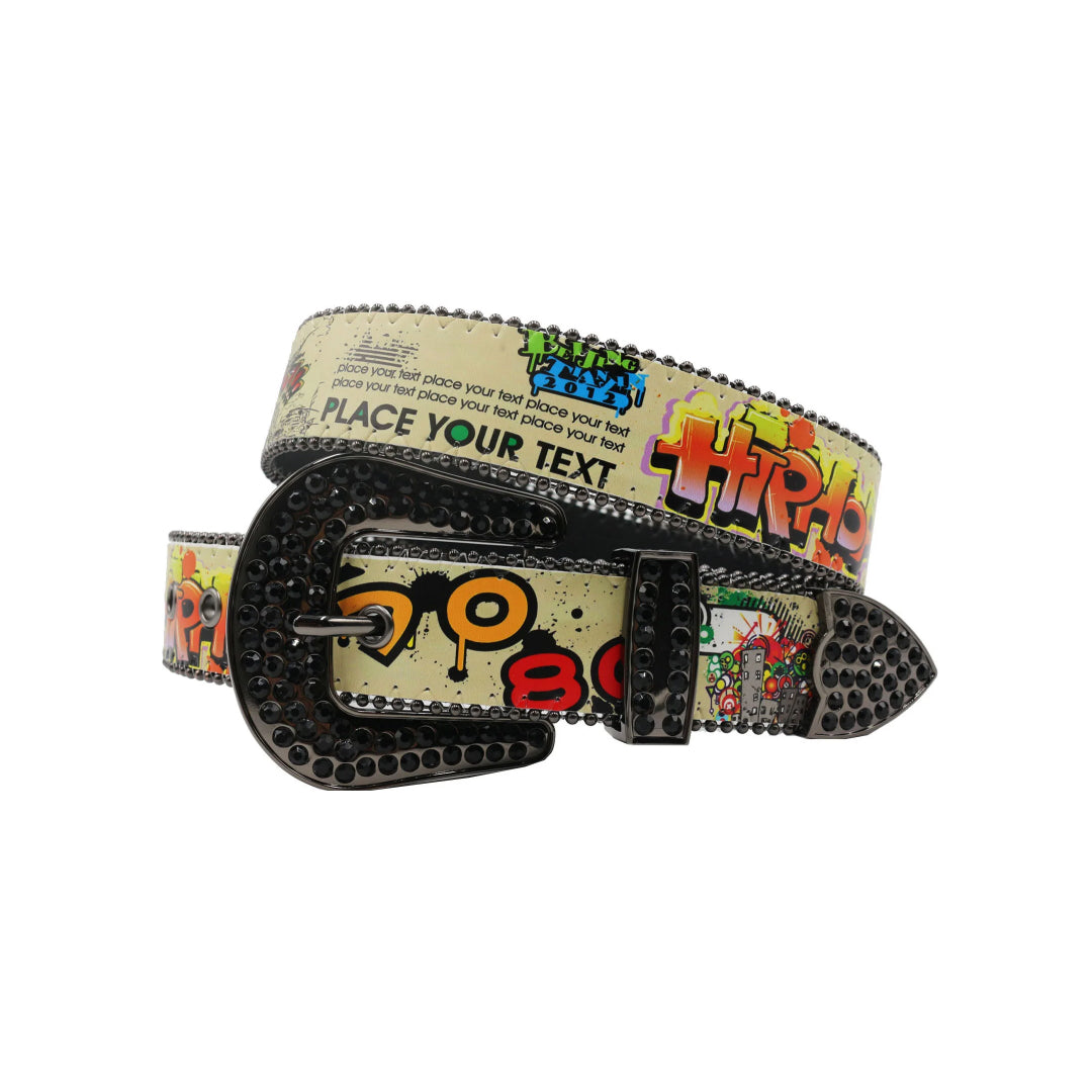 Black Buckle Texted Strap With Black Studdent Rhinestone Belt