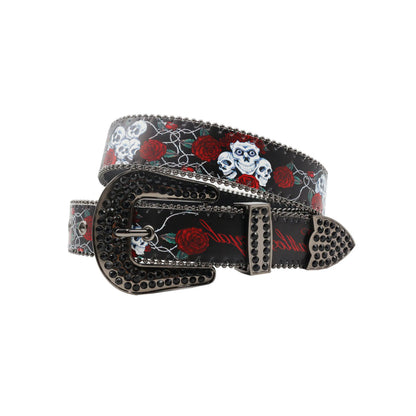 Wide Buckle With Skull & Flower Print On Strap Rhinestone Belt