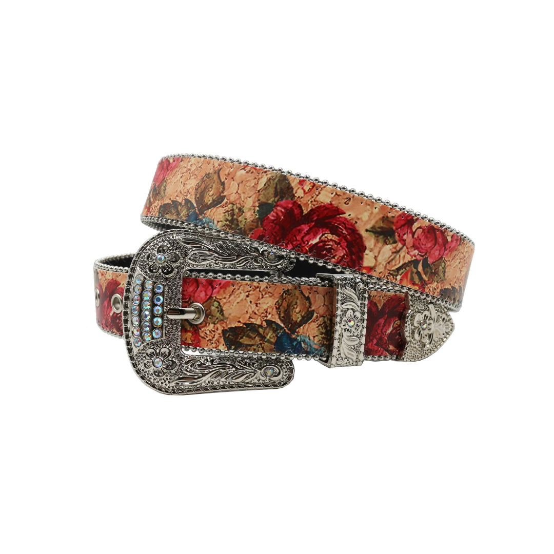 Silver Buckle Flower Style With Blue Studded Rhinestone Belt