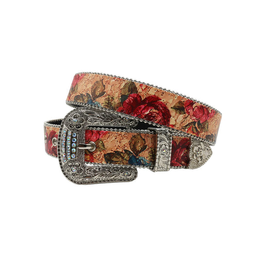 Silver Buckle Flower Style With Blue Studded Rhinestone Belt
