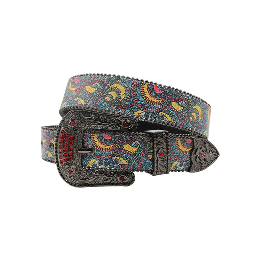 Black Buckle Blue Strap With Red Studdent Rhinestone Belt