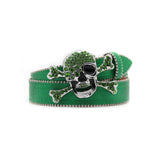 Skull Buckle Luxe Green Glittering Details Western Rhinetone Belt