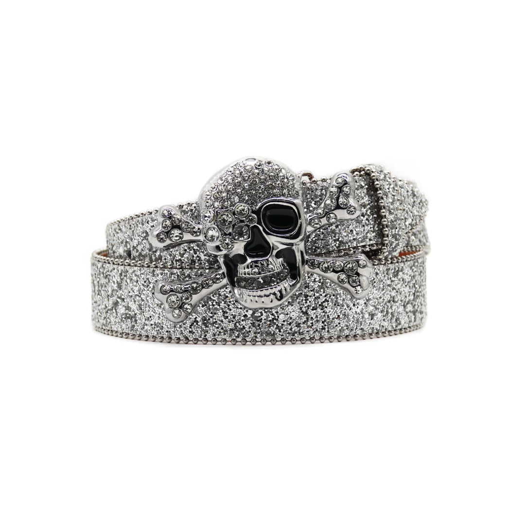 Ornate Skull Buckle With Shimmering Silver Studded Belt